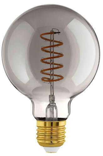 Eglo Lampe LED E27 dimmable, filament vintage spirale, ampoule Edison, globe éclairage rétro au verre fumé, 4 watts, 100 lumens, blanc chaud, noir transparent, 2000 Kelvin, G95, Ø 9,5 cm