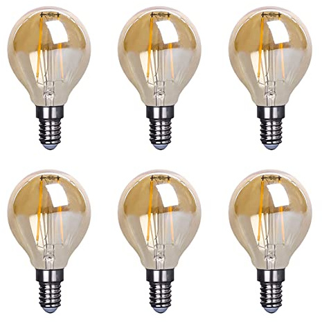 E14 2W Dimmable G45 LED Globe Filament Bulb Edison Filament Light Bulbs 20 Watt Equivalent Warm White 2700K E14 European Base Amber Glass Round Decorative Vintage Light Bulb, 6 Pack