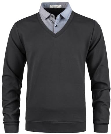 Yukirtiq Hombre 2 in 1 Suéter de Jersey con Cuello en V Manga Larga Otoño Invierno Jersey Básico Sudadera Pullover con Cuello de Camisa, Negro+Gris, M
