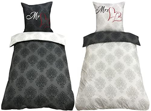 Leonado Vicenti Partner Bettwäsche 135x200 cm 4teilig Mr. & Mrs. Herz grau anthrazit Microfaser Wendebettwäsche
