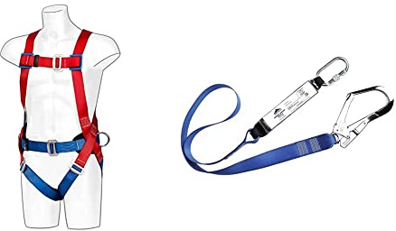 Portwest 2 Point Comfort Harness, Size: One Size, Colour: Red, FP14RER & Single Webbing Lanyard With Shock Absorber, Size: One Size, Colour: Royal Blue, FP50RBR
