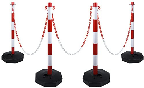 TRMLBE Juego de postes de cadena 82x28x28 cm Barrera de Aparcamiento con 4 soportes de demarcación y barreras de cadenas de eslabones de 1,4 m para advertencia en la entrada garaje puerta - rojo