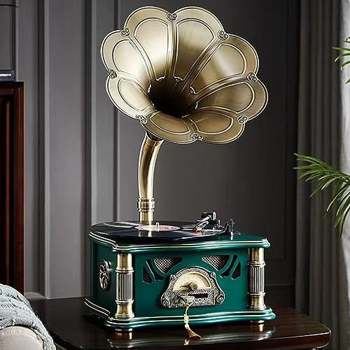 HZLSBL Vintage Gramophone with Bluetooth Output Vintage Record Players Retro Gramophone Turntables for 7 9 12 Vinyl Records 3 Speed, Hi-Fi, Handcrafted by Pure Oak (Dark Green)