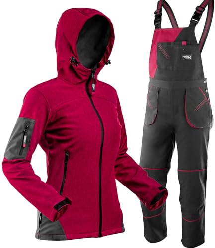 NEO TOOLS Damen Arbeitslatzhose + Softshelljacke (Set) Gr. S - XXL | modisches Design, Damen Arbeithose mit elastischen Träger, Veile Taschen, Jacke - Winddicht, wasserabweisend, atmungsaktiv