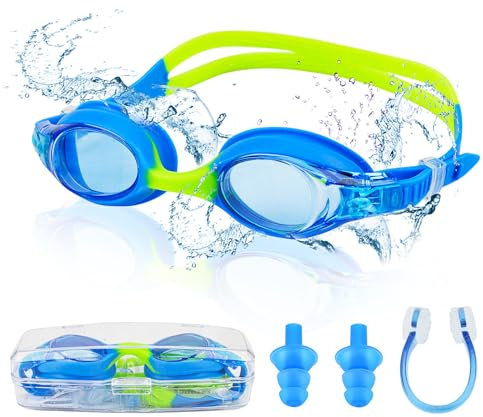 Mezere Schwimmbrille Kinder 3-6 Jahre Taucherbrille Herren Damen Schwimmbrillen Anti-Beschlag UV-Schutz Nasenklammer Schwimmen Swimming Goggles für Jungen & Mädchen(Blue+Green)
