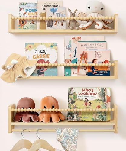 Mazjoaru Estantería de Pared de Madera para habitación Infantil, 58 cm, Juego de 3 Unidades, estantería Flotante para niños,con diseño de Perlas de Madera, para Organizador