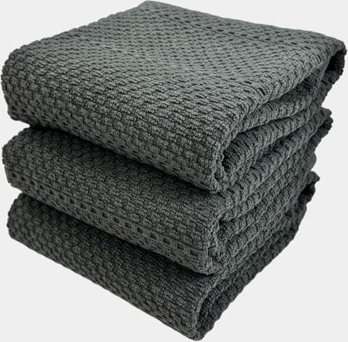 Dark Grey Gray Kitchen Hand Dish Towels: Oversized 28 x 18,100% Cotton Cloth Soft Cleaning Drying Absorbent Textured Design, Set of 3 Multipurpose for Everyday Use (Dark Grey)