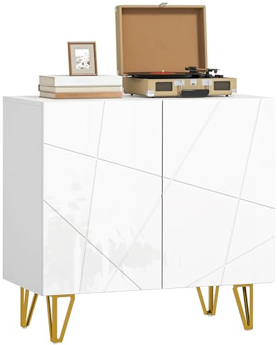 HOMCOM Storage Cabinet with High Gloss, Freestanding Sideboard with Adjustable Shelf, Soft-Close Doors and Gold Tone Hairpin Legs for Living Room, Dining Room, Hallway, White