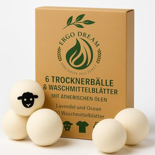 Ergo Dream Juego de bolas de secado XXL ecológicas, 6 bolas de secado para secadora, incluye aroma a lavandería, 20 tiras de lavado y bolsa de almacenamiento, suavizante natural, reutilizable, sin