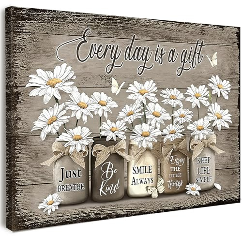 Qiukoo Framed Canvas Wall Art with Hanging Hooks Rustic Daisy and Mason Jar Print Every Day Is a Gift with Inspirational Quotes Farmhouse Wall Décor for Bedroom Living Room Hallway or Stairs 12 x 16