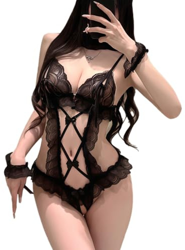 Auriselle Body Lencero de una Pieza para Mujer, Babydoll Sexy Tirantes Ajustables en V Profunda, Body Abertura en la Entrepierna, camisón diseño de Palmas, Tejido Red Transparente Calado, Negro