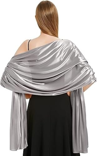 JOZMMZEOOA Satin Châle 200 x 70cm Clair Étoles pour Femmes Robes de Soirée Tissu Gris Argent Satiné Satin Foulard Chale Femme, Adapté aux Robes de Mariée de Soirée, Fêtes et Danses