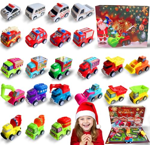 Calendario de Adviento Coches, 24 pcs juego de regalo para coche, Juguetes Calendario Adviento Niños con Tapete de Juego, Ideal para Regalo Sorpresa de Navidad Cuenta atrás