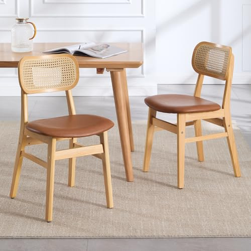 chairus Wooden Dining Chairs Set of 2, Rattan Kitchen Side Chair, Brown | PU Leather Seat, Rattan Backrest, Rustic Style, Armless Design, Solid Wooden Frame, for Dining Room, Restaurant