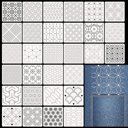 Evadollina Set di 30 Stencil Sashiko, 4,7 X 4,7 pollici Stampini di plastica per motivi geometrici, Quilt a mano, Cucito e design tessile, stencil lettere, Natale