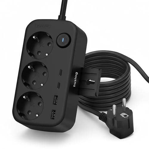 Huslog grenuttag med 3 Schuko-uttag och 4 USB-uttag (2 x USB-A, 2 x USB-C) – grenuttag med mobilhållare, väggmontering och på/av-brytare, 1,4 m kabel, 3 680 W, svart