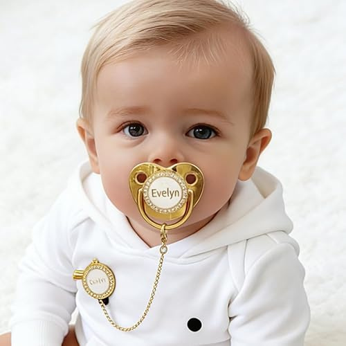 Personalized Name Bling Baby Pacifier with Luxury Gift Box Package, Customized Letters BPA Free Pacifier for Newborn M(6-18m) (Golden)