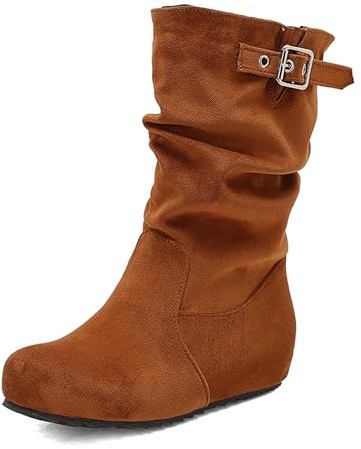 LarDorLin Media Pierna Botas Mocasines Mujer Vintage Tacón de Cuña Punta Rojoonda Casual Comodo Equestrian Invierno Slouch Botín Marrón Talla 36 EU