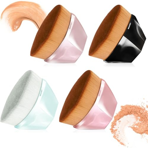 BEAHOT 4 Pack Foundation Makeup Brushes, Flat Top Kabuki Brush Set for Liquid, Cream & Powder, Dense Soft Face Brush for Flawless Blending, Travel Case Included