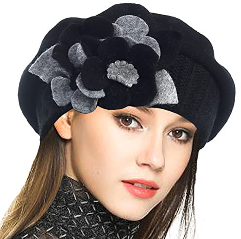 VECRY Damen 100% Wolle Französische Baskenmütze Blumen Strickmütze Schädelkappe Kleid Wintermütze (Schwarz,M)