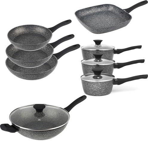 Salter COMBO-8587A Megastone 8 Piece Pan Set - Non-Stick Saucepans, Frying Pans, Wok & Griddle, Forged Aluminium Cookware, Induction Suitable, Corrosion-Resistant, Dishwasher & Metal Utensil Safe