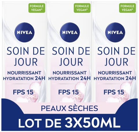 NIVEA Soin De Jour 24H Hydratant Nourrissant FPS15 (lot de 3 x 50 ml), crème hydratante visage enrichie en beurre de karité, soin visage femme pour peaux sèches