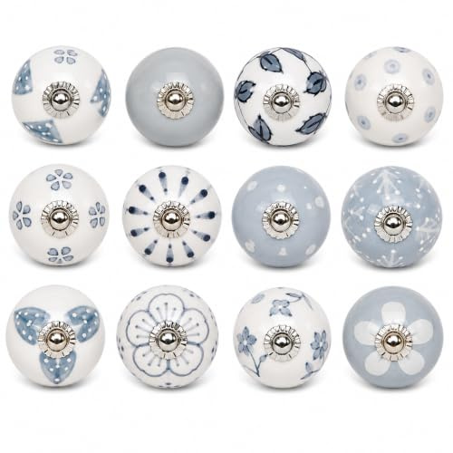 SHYAMVUN Lot de 12 boutons de porte et de meubles en céramique peints à la main pour cuisine, salle de bain, commode, finition brillante, gris et blanc