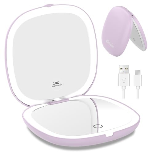 WOBSION Travel Mirror with Light for Makeup, 1x/10x Magnifying Compact Mirror for Handbag, 10cm Rechargeable Pocket Mirrors, 2-Side Dimmable Led Light up Mirrors, Handheld, Gifts for Women, Purple