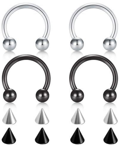 FECTAS Anillos de Herradura de Acero quirúrgico Nariz Septum Herradura aro Pendiente ceja Trago Labio Anillos Daith Helix Piercing Joyería para Mujeres Hombres 14g 12mm Plata Negro