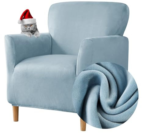 Highdi Stretch Sesselhusse - Elastische Samt Sofaüberzug für Clubsessel Mit Armlehne - Weicher Sesselschoner Sitzbezug Hussen (Blau)