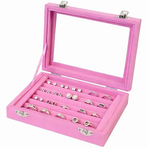 EONGOA Jewelry Box Rings Organizer Tray 7 Slots Velvet Earring Storage Box With Transparent Lid Jewelry Display Case for Women (Light Pink)
