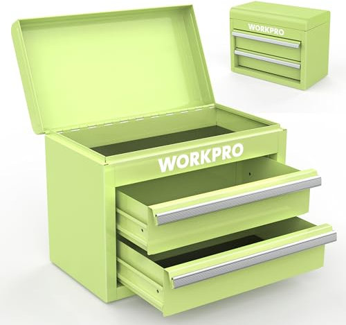 WORKPRO Mini-Werkzeugkasten Metall mit 2 Schubladen & Oberem Fach, Metall-Werkzeugbox mit PVC-Futter & PP-Fußpolstern, Werkzeugkiste für Werkstätten, Büros und Schminktische, 27,5 x 15 x 20,8 cm, Grün