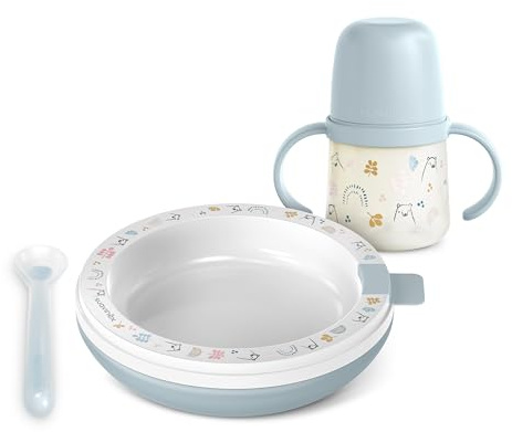 Suavinex, Set pappa calda con Piatto Termico, tiene caldo il cibo: cucchiaio in silicone + tazza con manici e beccuccio in silicone + piatto termico, +6 mesi, My Family Blu