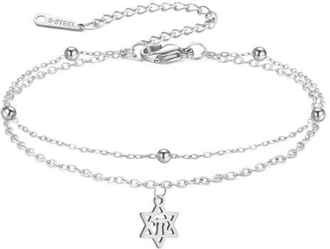 Amaxer Bracelet de Cheville Délicat Avec Symbole Chai Hébreu - Double Chaîne Étoile de David - Judaïque Hanoukka Magen - Réglable, L22cm, Acier