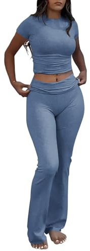 YETOWA Womens 2 Piece Outfits Low Rise Flare Leggings Short Sleeve Top Soft Stretchy Lounge Set Yoga Casual