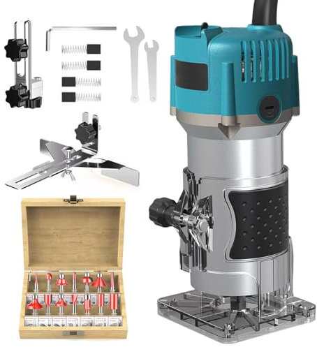 Bois Défonceuse Affleureuse Électrique 800W, Routeur à Bois Électrique 30000r/min, avec 15pcs 1/4 Pinces Bits Affleureuse à Bois Électrique Verticale, pour Travail du bois (A)