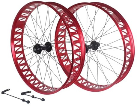MirOdo 26x4,0/4,9 Tum Snow Bike Hjulsats 36 Hål Lager Kassett Nav Aluminium Legering Fat Tire Cykel Fram Bakhjul Skivbroms Snabbkoppling 135/190mm För 7-12 Speed ​​Fat Bike(Red,Pair)