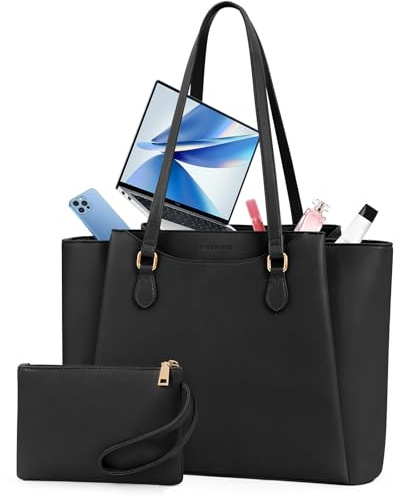 RAINSMORE Laptop Bag for Women 15.6 Inch, Waterproof Faux Leather Work Tote Bag with Clutch Purse, Large Office Bag for Commute, College, Black