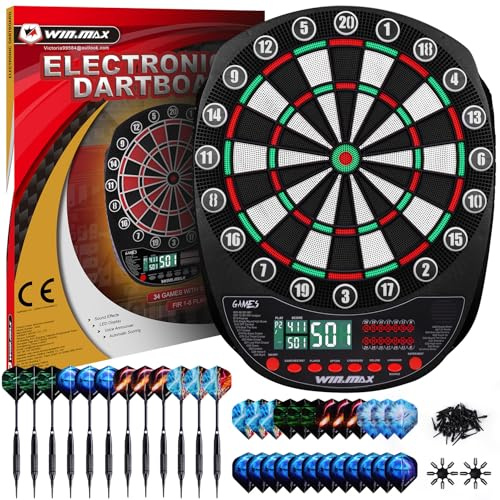 WIN.MAX Electronic Dart Board Soft Tip Dartboard Set LED Displays 3 Languages with 12 Darts 100 Tips