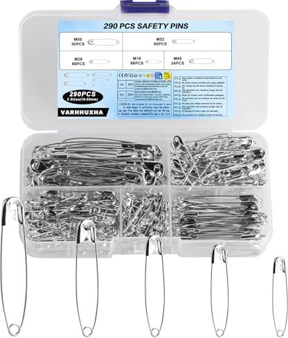 290 Pcs Safety Pins for Clothes, Large Medium Small Heavy Duty Safety Pins Assorted Sizes, Nickel Plated Steel, for Clothing Arts and Crafts Sewing Pinning Hemming Jewelry Making - 19/28/32/45/55mm