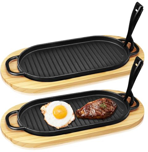 Kaxtde 2 sartenes de hierro fundido para servir, 37 x 19 cm, con bandeja de madera y tenedor, sartenes de hierro fundido con mango extraíble para barbacoa, pescado, carne