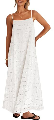 MEROKEETY Women's Summer Spaghetti Straps Sundress 2026 Casual Sleeveless Floral Lace Eyelet Boho Beach Maxi Dress, White, X-Large