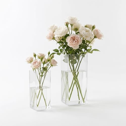 Shatterproof Flower Vase, 2pcs Square Flower Vase, 25&20cm Clear Vases | Modern Simplicity, High-Strength Plastic Vases for Daily Care of Flowers Living Room (Transparent)