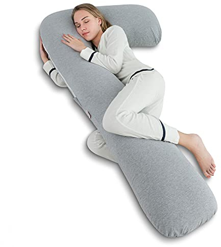 AngQi Body Pregnancy Pillow with Jersey Cover, L Shaped Full Body Pillow for Pregnant Women and Side Sleeping, Gray