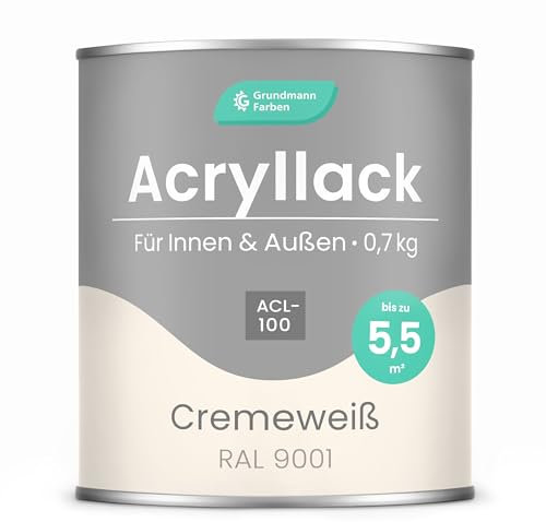 Grundmann Acryllack ACL 100 - Creme 0,7 Kg - 4in1 Lack inkl. Grundierung - Innen und Außen - Für Holz, Metall, Stein & Kunststoff - Cremeweiß RAL 9001
