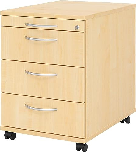bümö Rollcontainer mit Schubladen, Container abschließbar aus Holz in Ahorn - Rollwagen für's Büro als Schreibtisch Unterschrank, Bürocontainer od. Schreibtischcontainer mit Bogengriffe