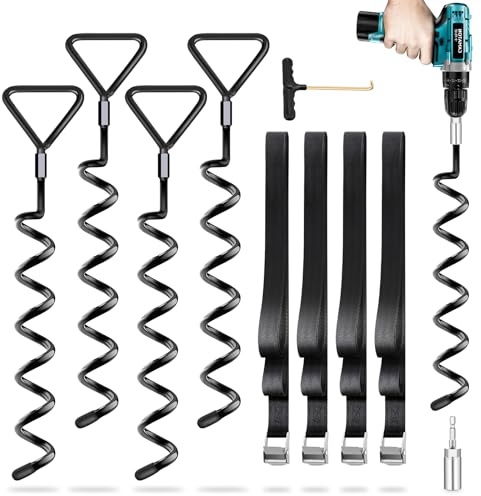 Trampoline Stakes 4 Pack - Heavy Duty Trampoline Anchors Kit - Screw In Ground Anchors High Wind with Straps for Trampolines(Black-4Pack)