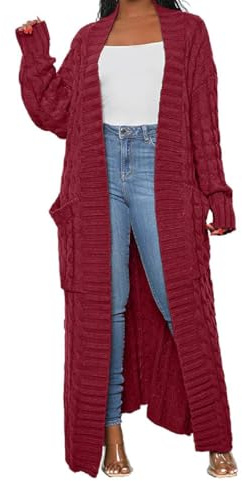 HRESSLBD Stylish Cable Knit Dual Pocket Cardigan Plus Size, Woman's Long Sweater Open Front Cardigan Casual Braided Knitted Maxi Outwear Coat with Pockets (Wine Red, 2XL)