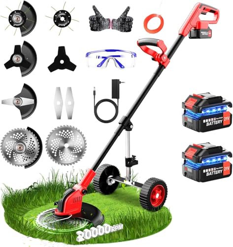 Desbrozadora a Batería 21V Desbrozadora Electrica con Ruedas, 12 Pulgadas Cortabordes Batería con Mango Ajustable Telescópico, Cortabordes Eléctrico 4 Cuchilla Cortacésped con 2 Baterías y Cargador