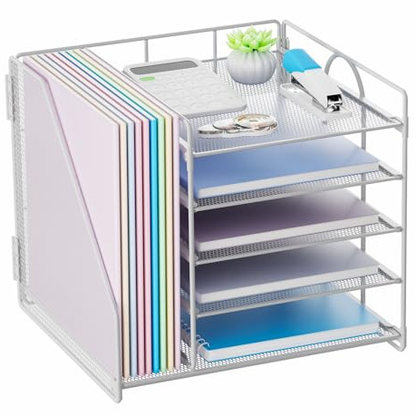Restorgan Desk Organiser with File Holder, 5 Tiers Paper Letter Tray Organiser, Desktop Organiser and Storage, Mesh Desk Organisers and Accessories for Home Office Supplies (White)